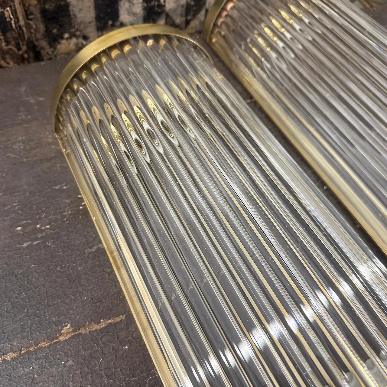 Pair of Mid-Century Modern brass and glass wall sconces, 2000s 10