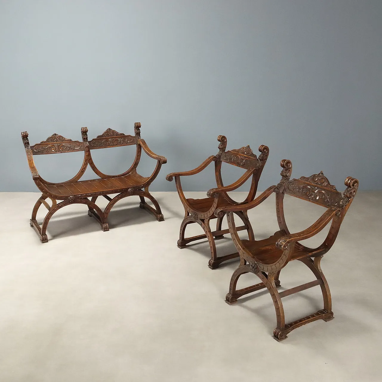Sofa with two armchairs in walnut-stained beech wood, 19th century 1