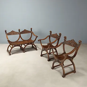 Sofa with two armchairs in walnut-stained beech wood, 19th century