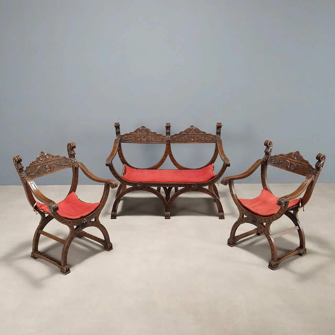 Sofa with two armchairs in walnut-stained beech wood, 19th century 3