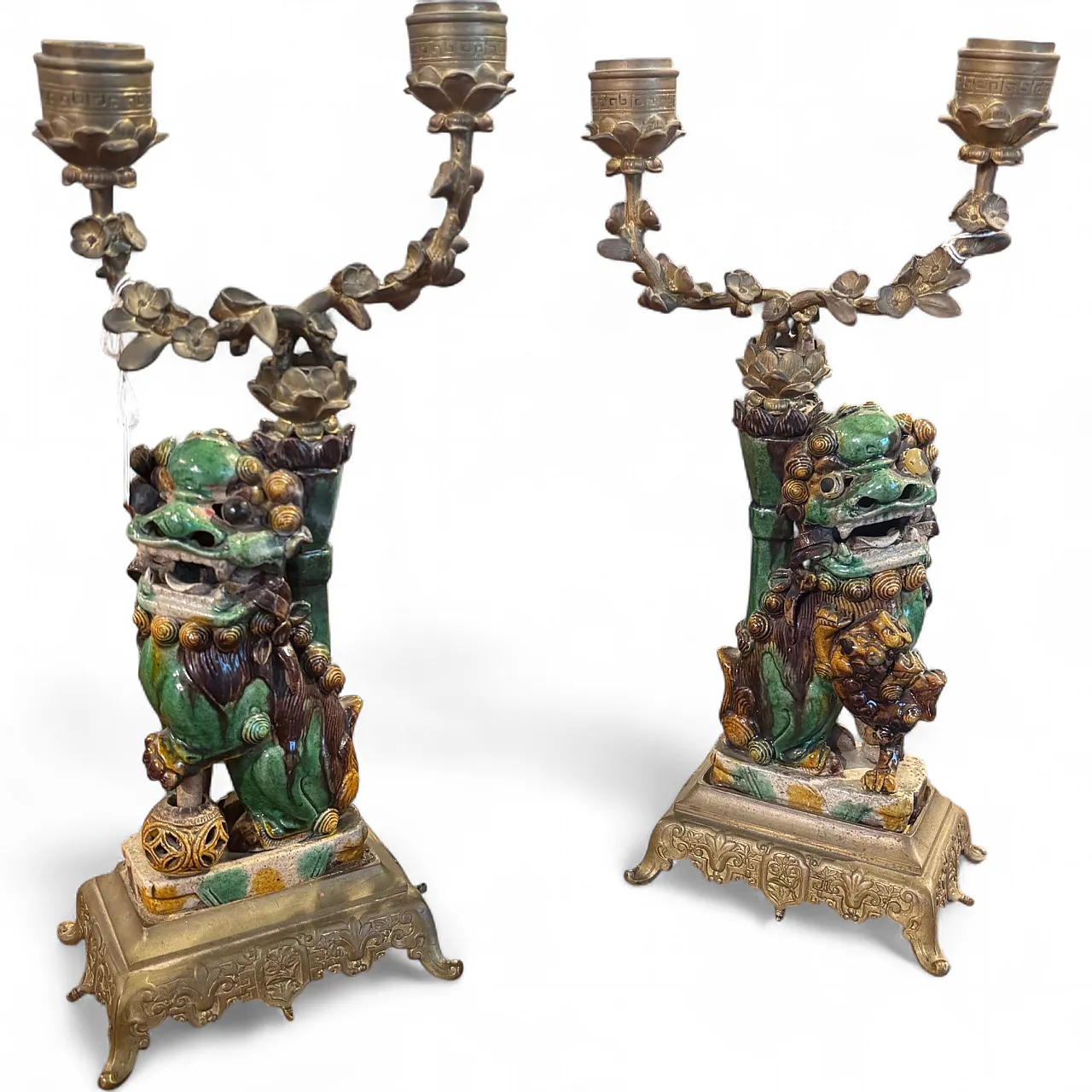 Cani di Fo' candlesticks in majolica and bronze, 19th century 15