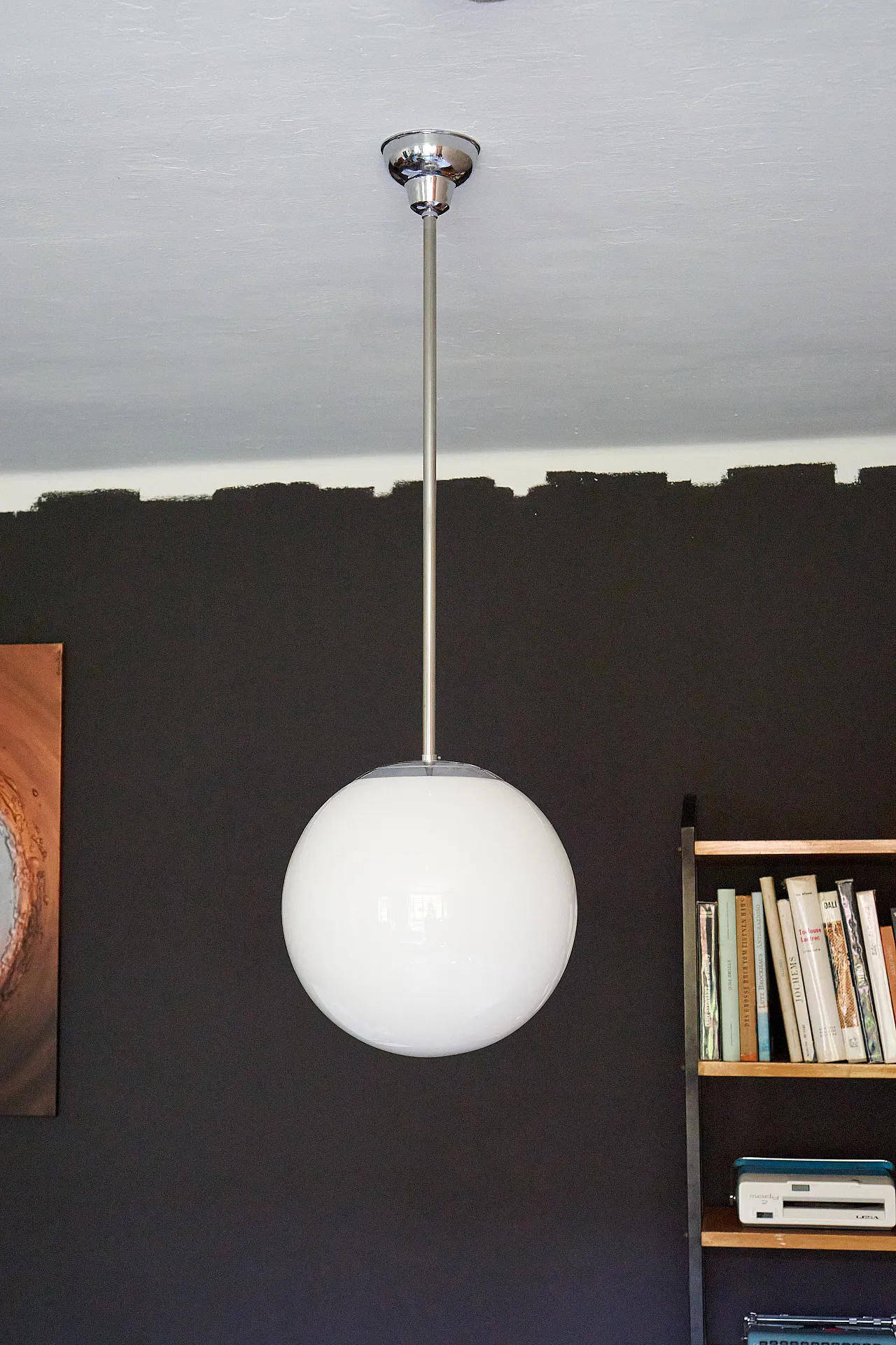 Bauhaus metal suspension with opaline glass bowl, 1940s 1