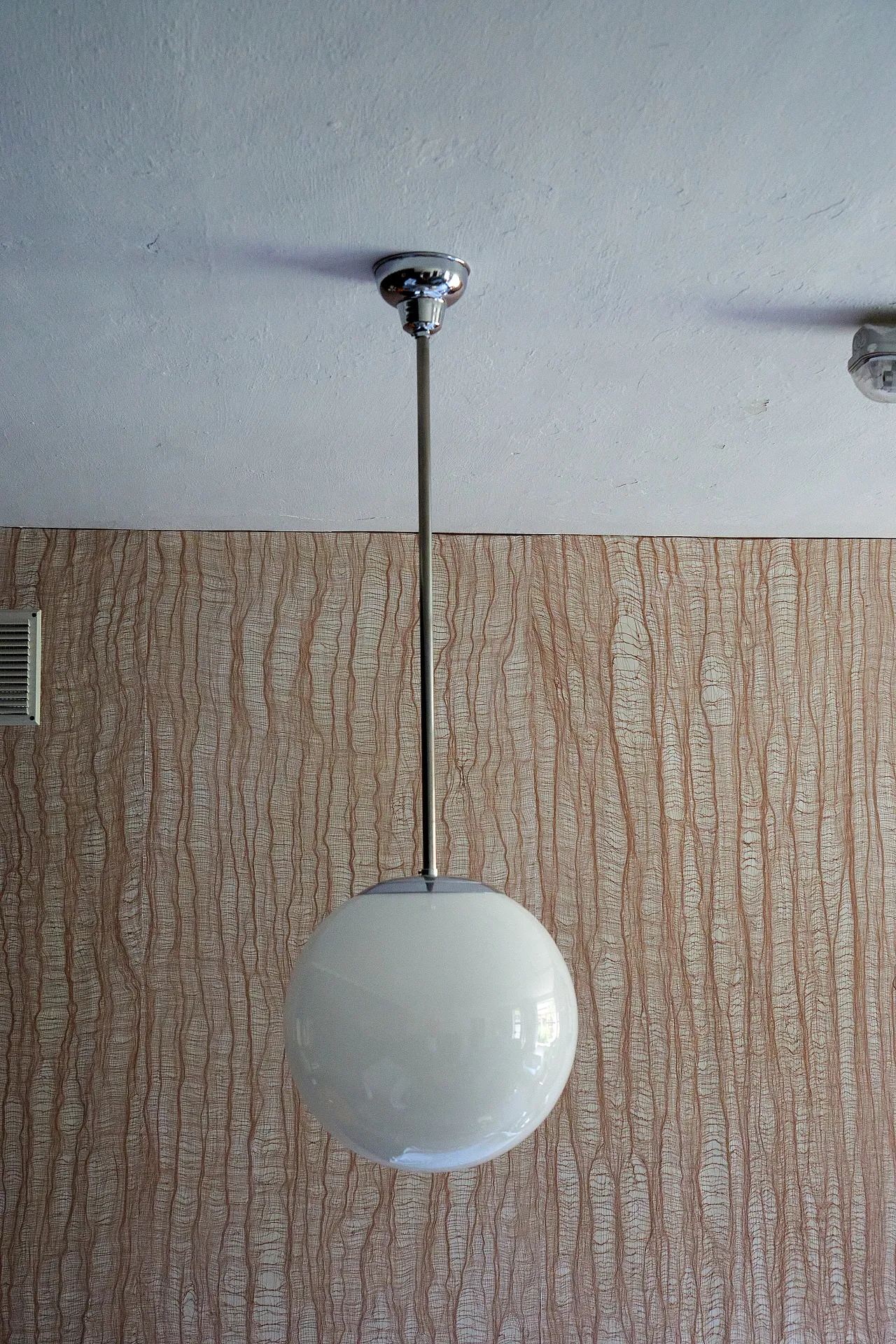 Bauhaus metal suspension with opaline glass bowl, 1940s 2