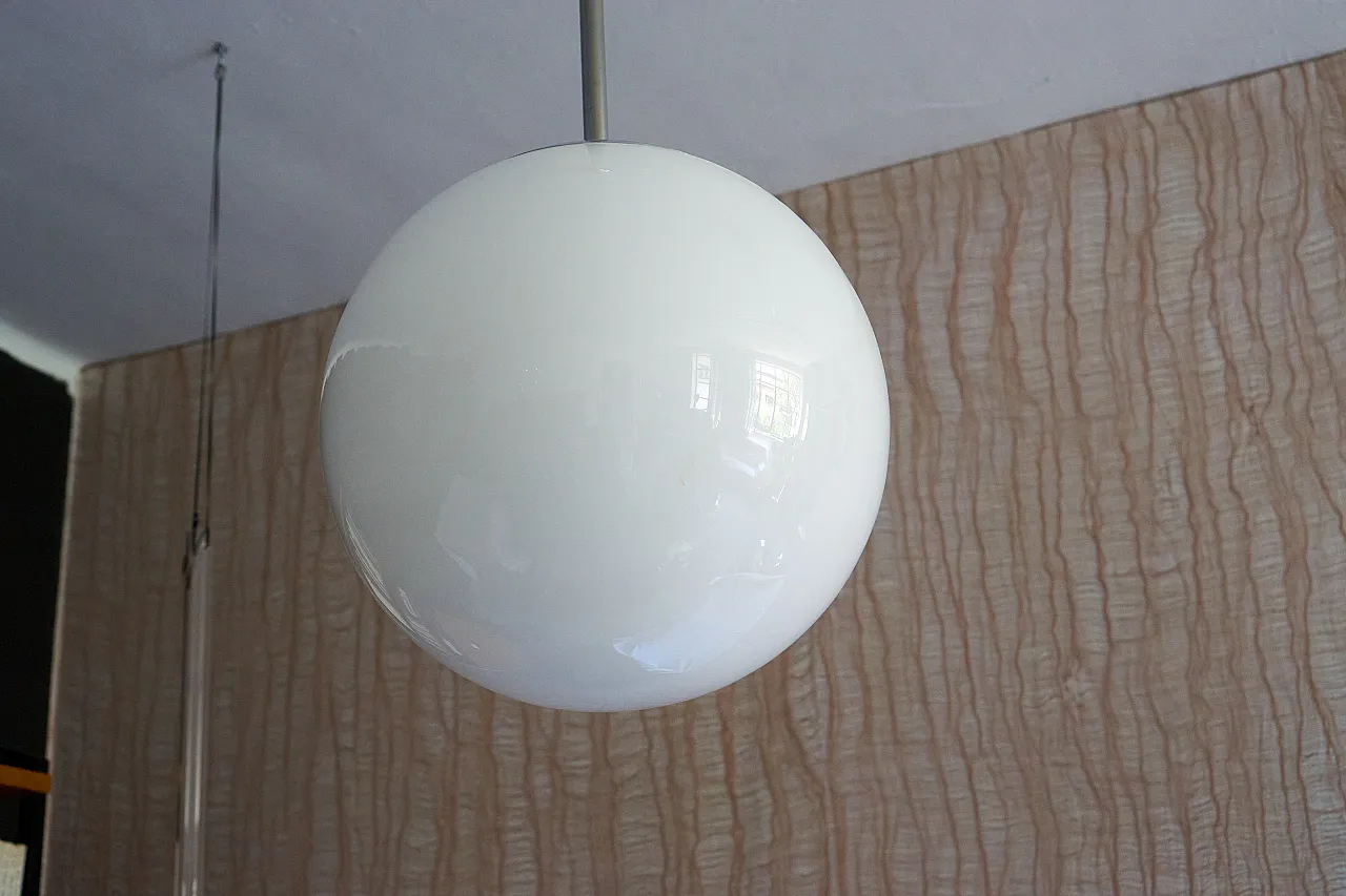 Bauhaus metal suspension with opaline glass bowl, 1940s 3