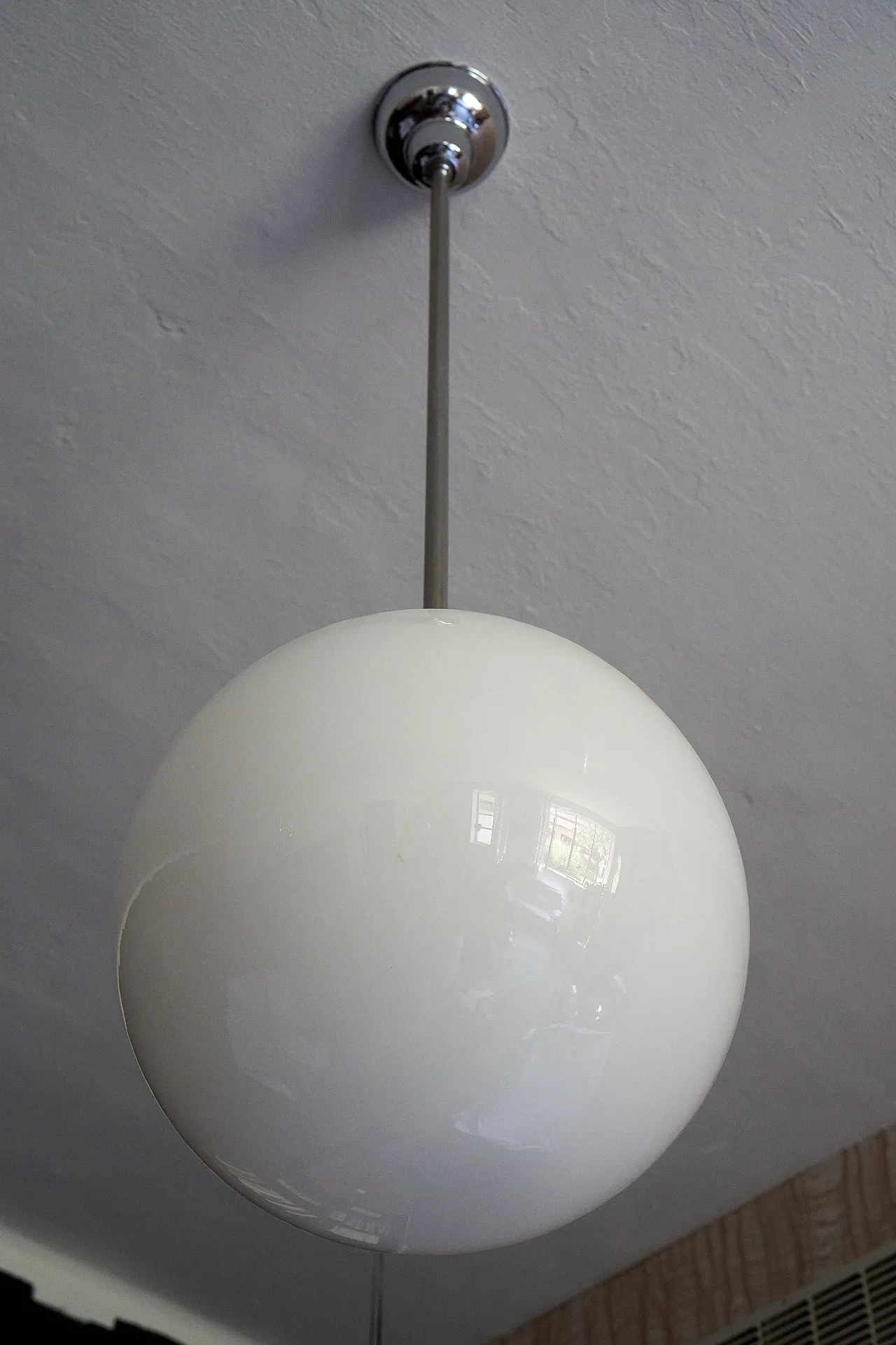 Bauhaus metal suspension with opaline glass bowl, 1940s 4