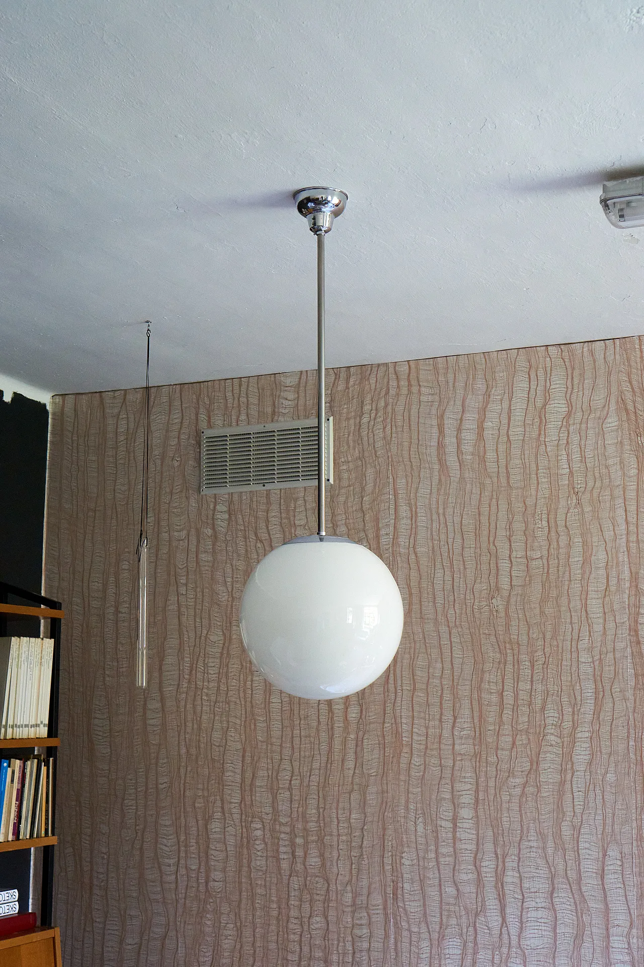 Bauhaus metal suspension with opaline glass bowl, 1940s 5