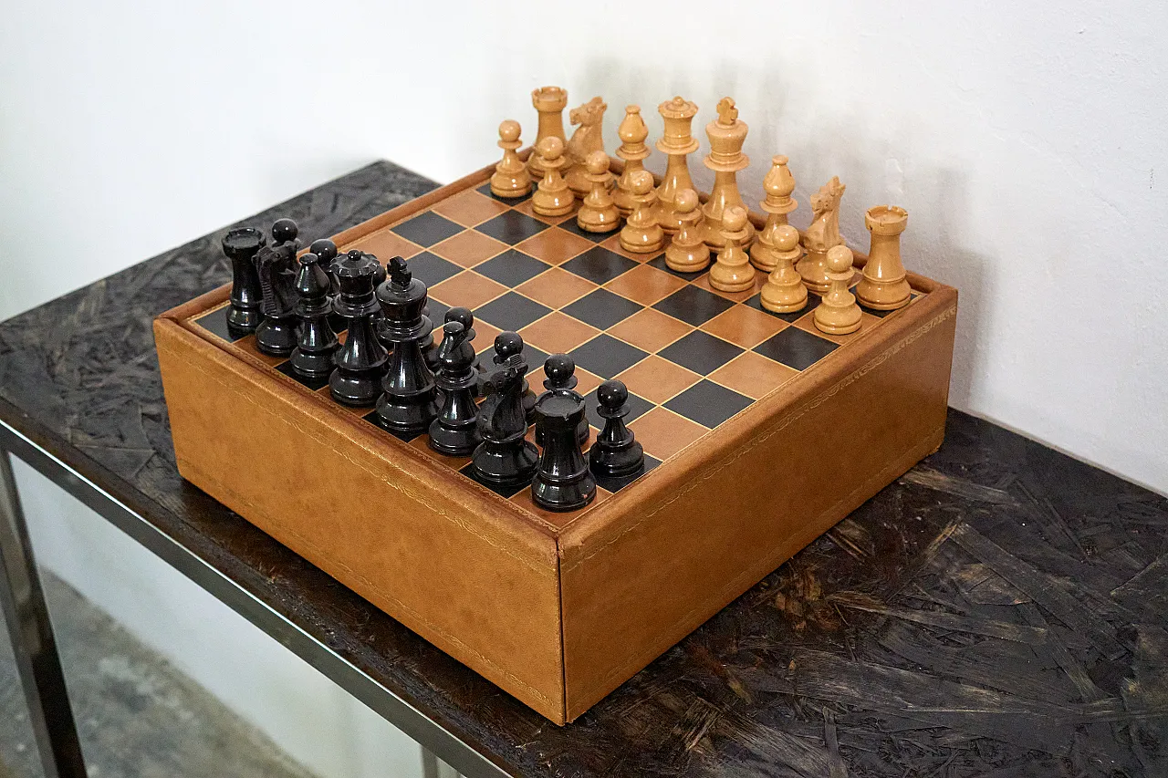 Chessboard with drawer covered in leather, 70s 1