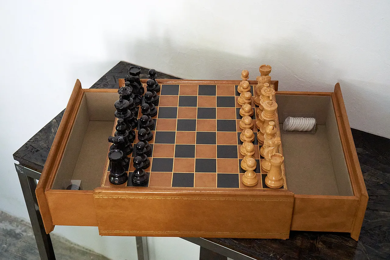 Chessboard with drawer covered in leather, 70s 3