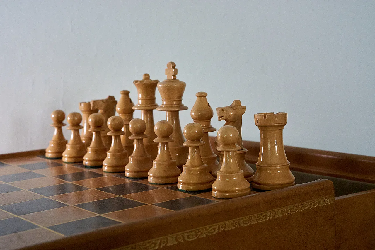 Chessboard with drawer covered in leather, 70s 4