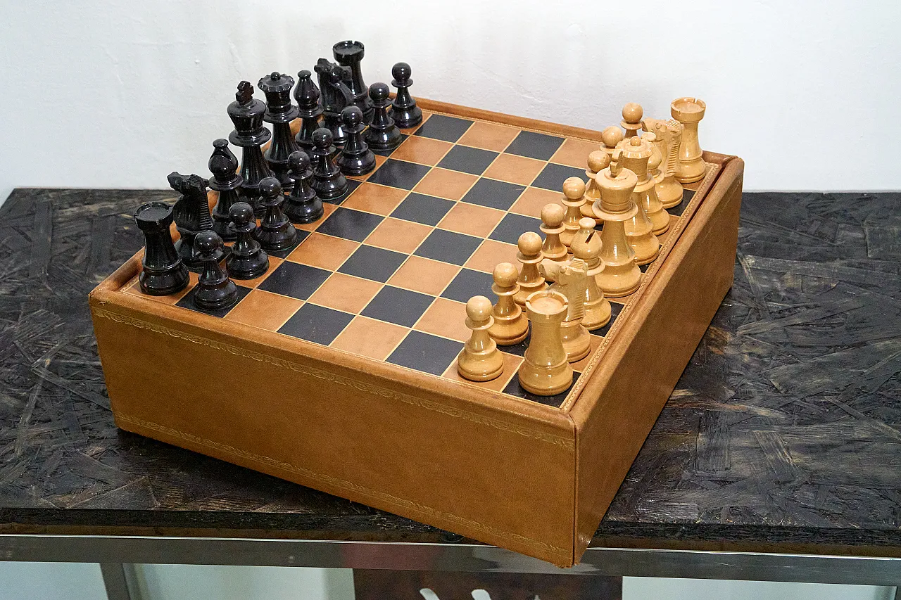 Chessboard with drawer covered in leather, 70s 6