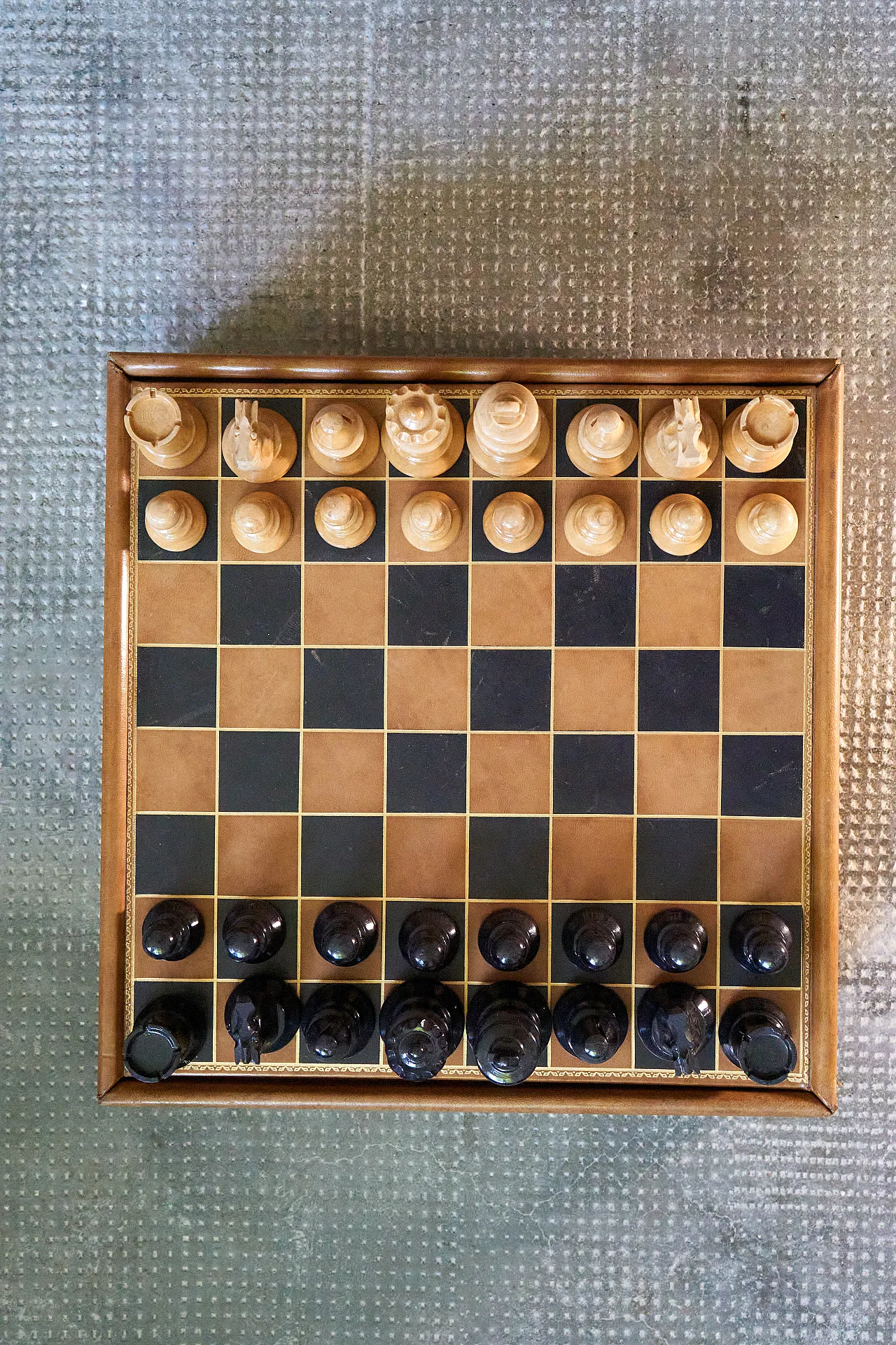 Chessboard with drawer covered in leather, 70s 9