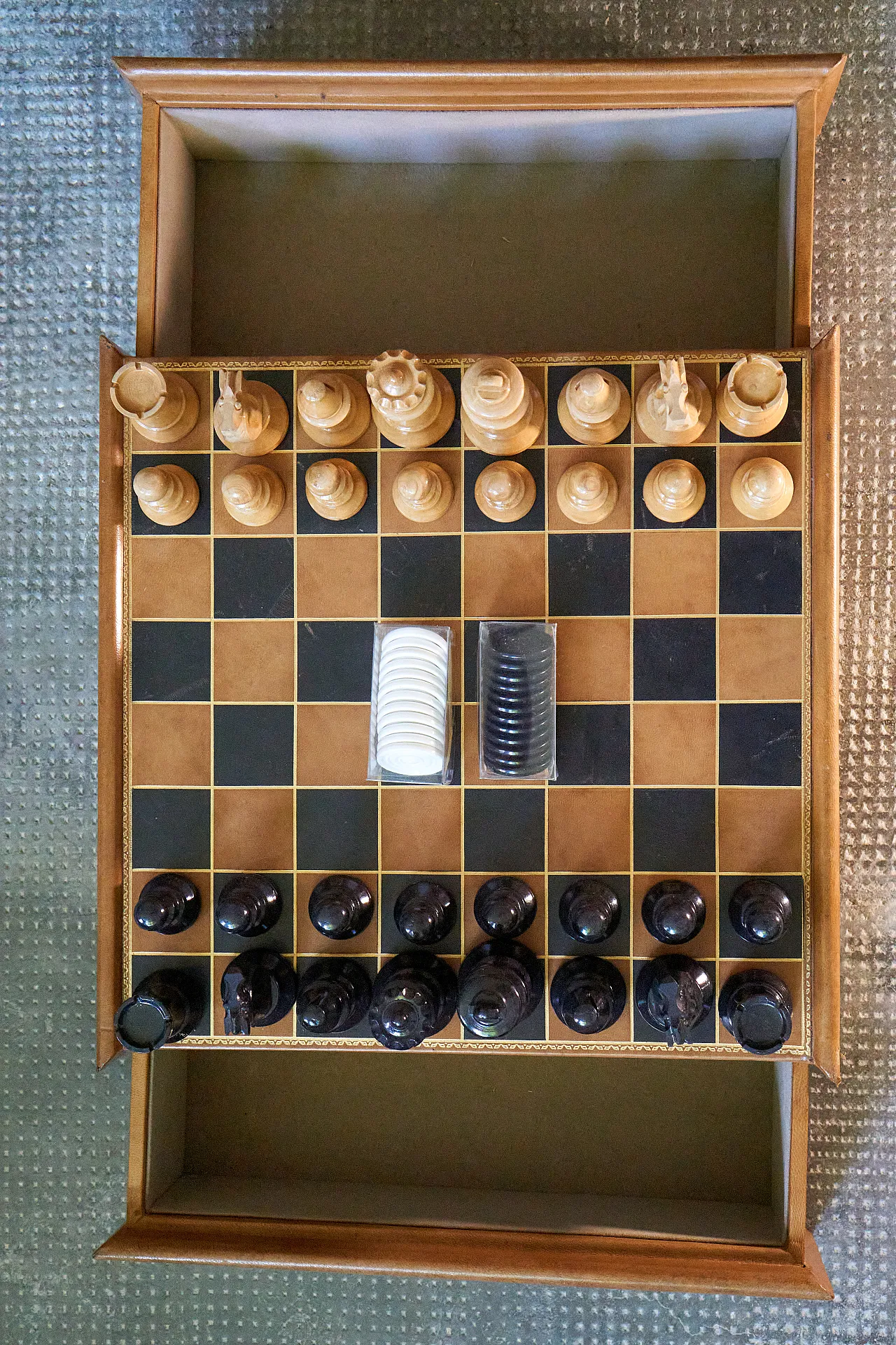 Chessboard with drawer covered in leather, 70s 10