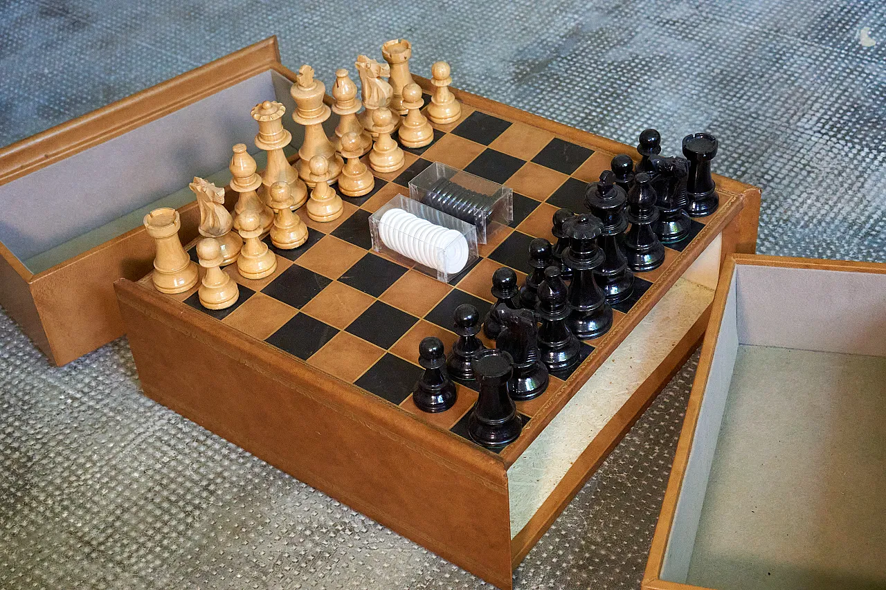 Chessboard with drawer covered in leather, 70s 11
