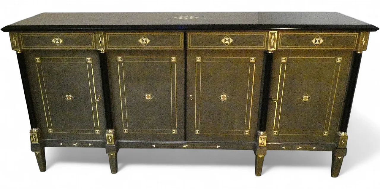 Credenza Hollywood Regency in stile Luigi XVI in radica, lacca grigia e ottone, Francia, anni '80 26