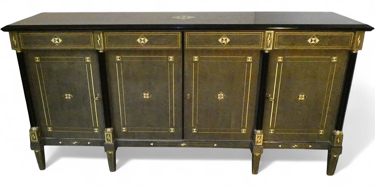 Credenza Hollywood Regency in stile Luigi XVI in radica, lacca grigia e ottone, Francia, anni '80 27