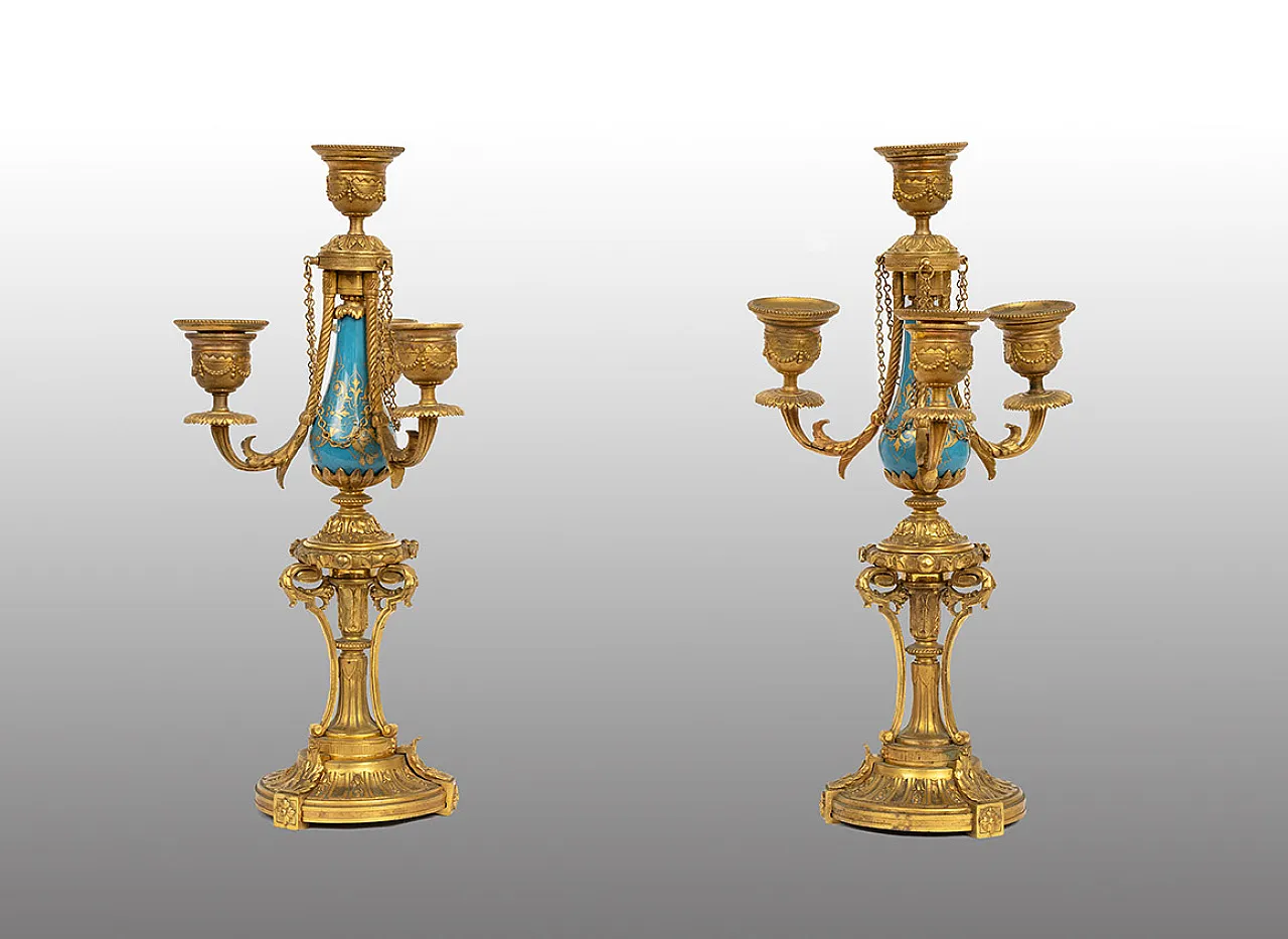 Coppia di candelieri antichi Napoleone III in bronzo dorato, '800 1