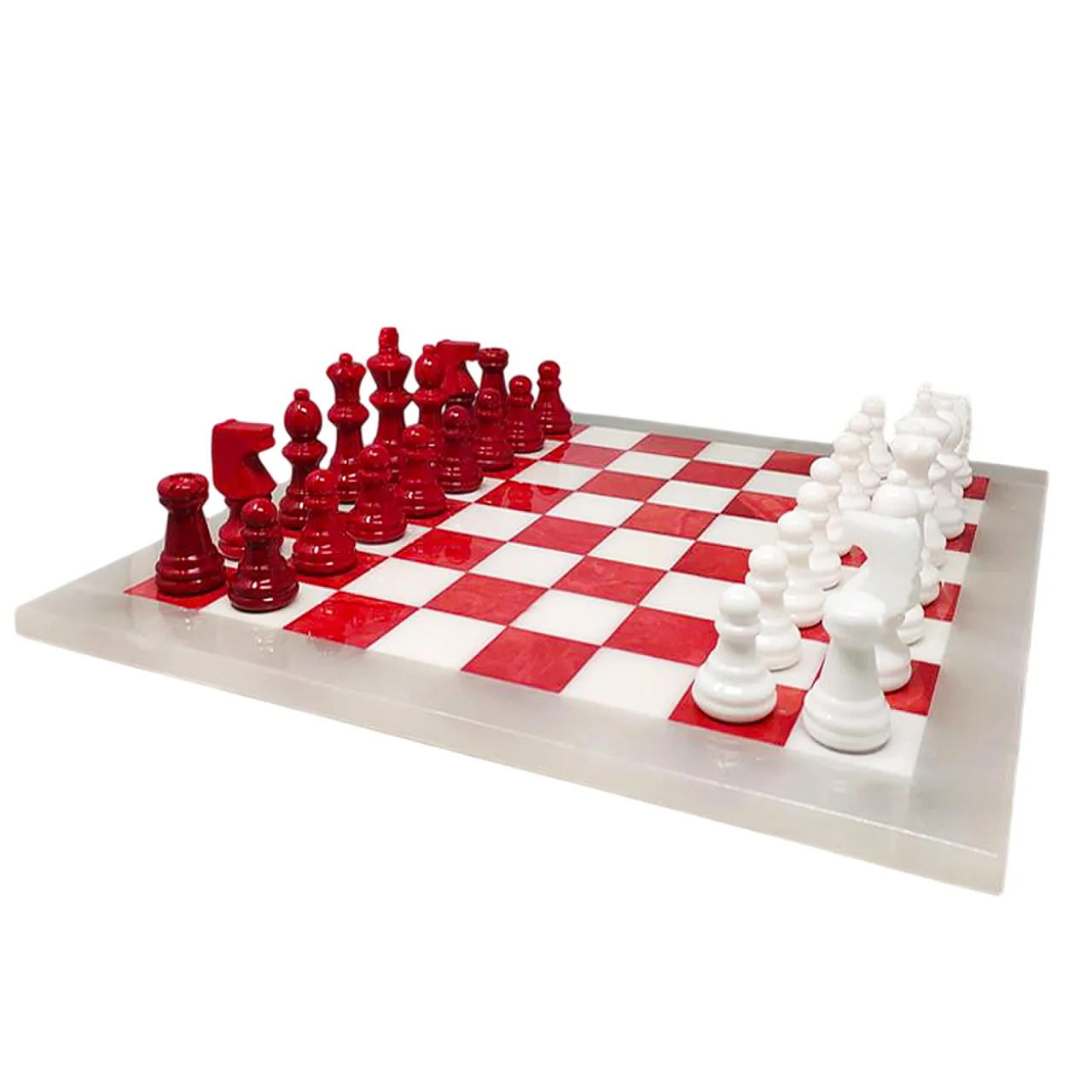 1970s Italian Volterra Alabaster Chess Set – Rare in Red & White. Made 1