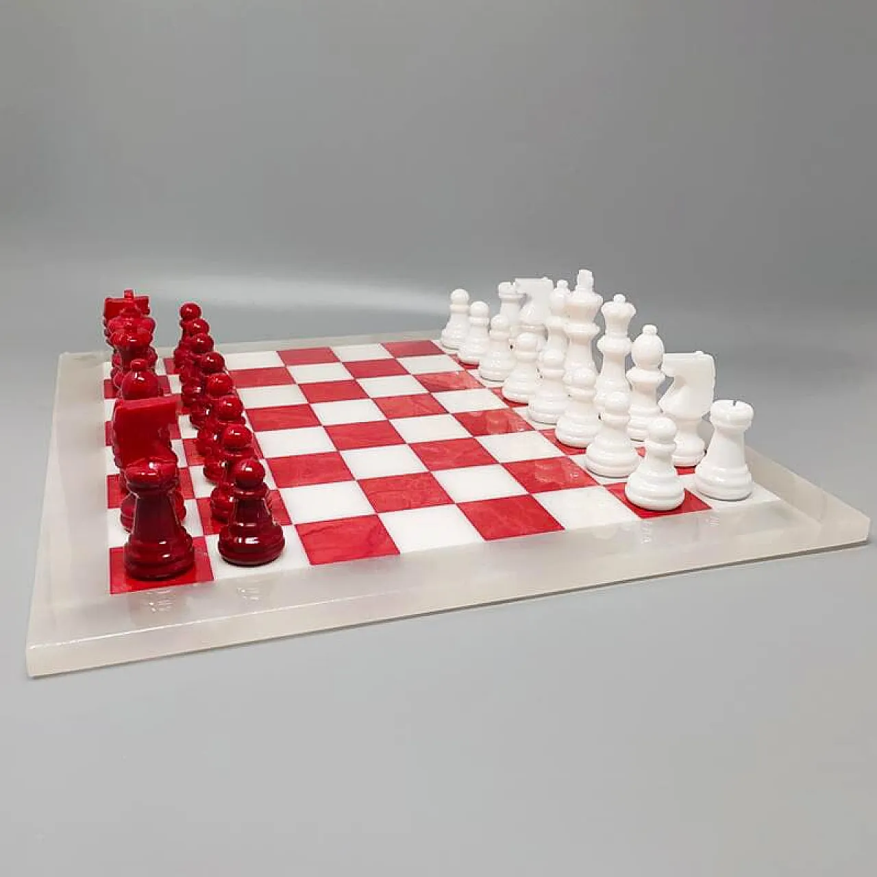 1970s Italian Volterra Alabaster Chess Set – Rare in Red & White. Made 4