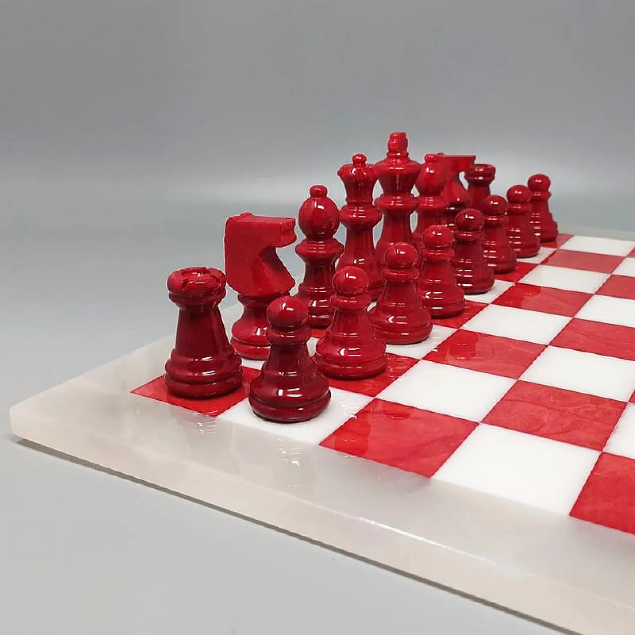 1970s Italian Volterra Alabaster Chess Set – Rare in Red & White. Made 5