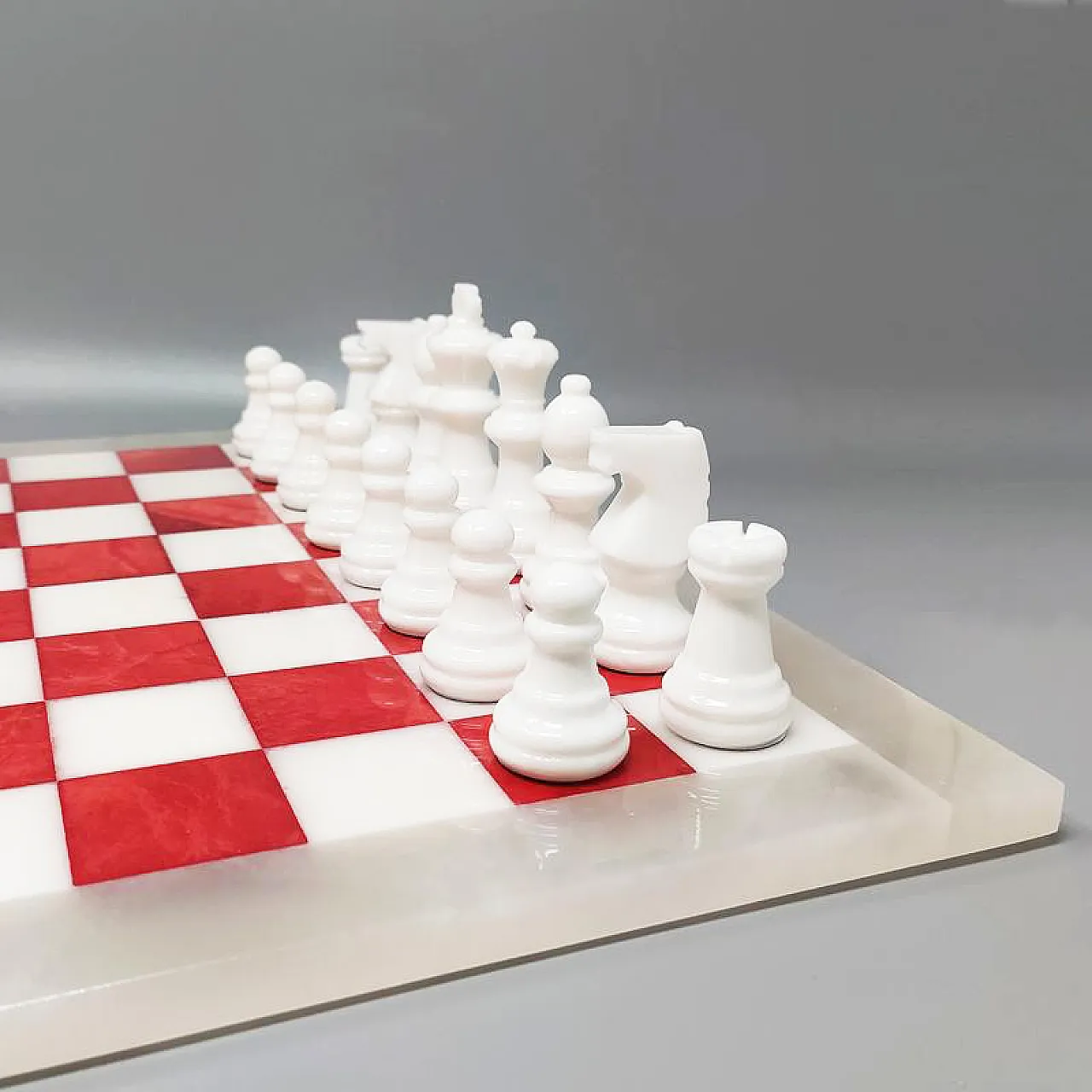 1970s Italian Volterra Alabaster Chess Set – Rare in Red & White. Made 6