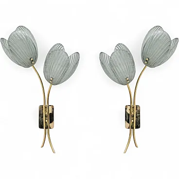 Pair of Tulips Murano glass and brass sconces, 20th century