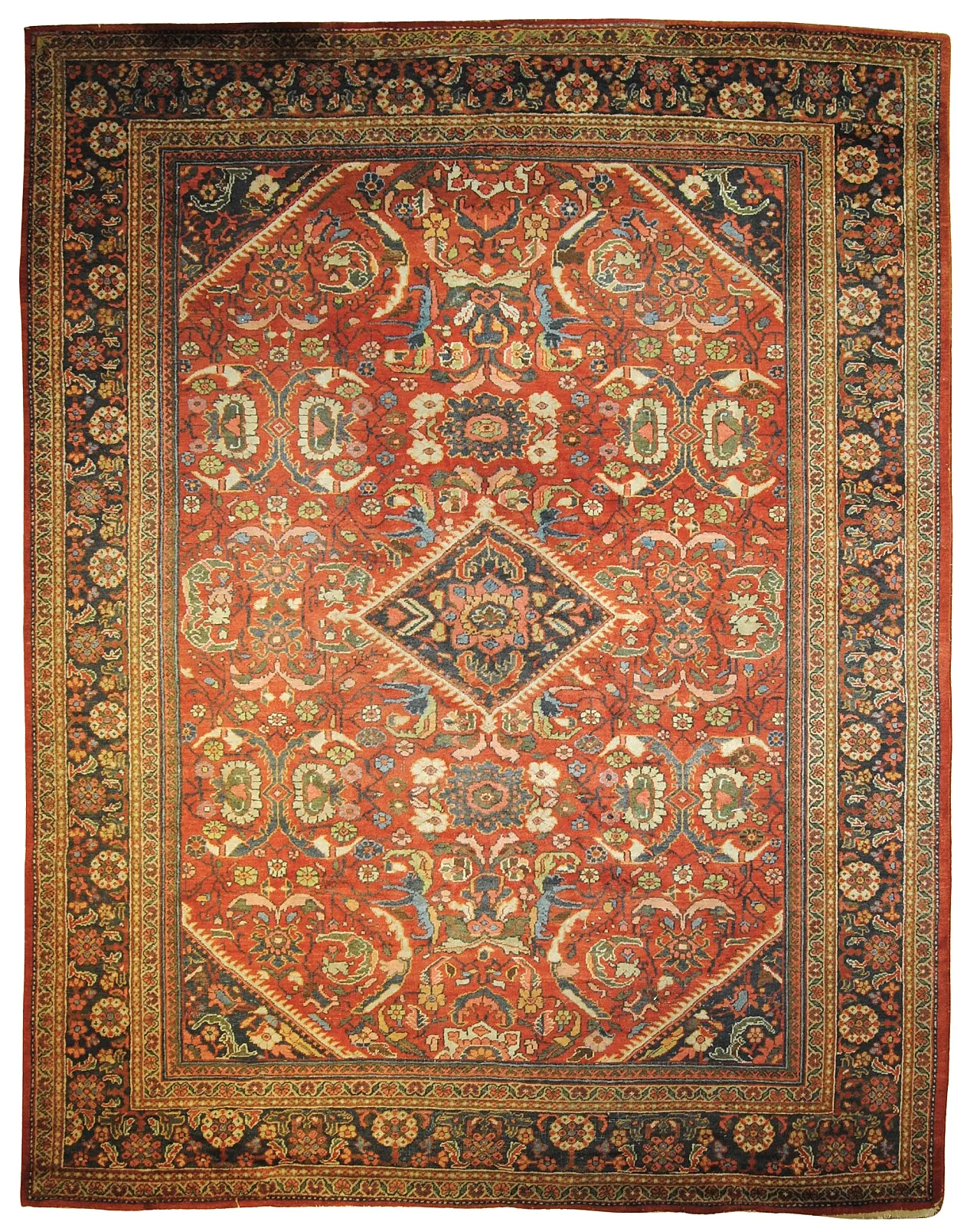 Tappeto persiano antico Heriz in rosso e ocra, '800 1
