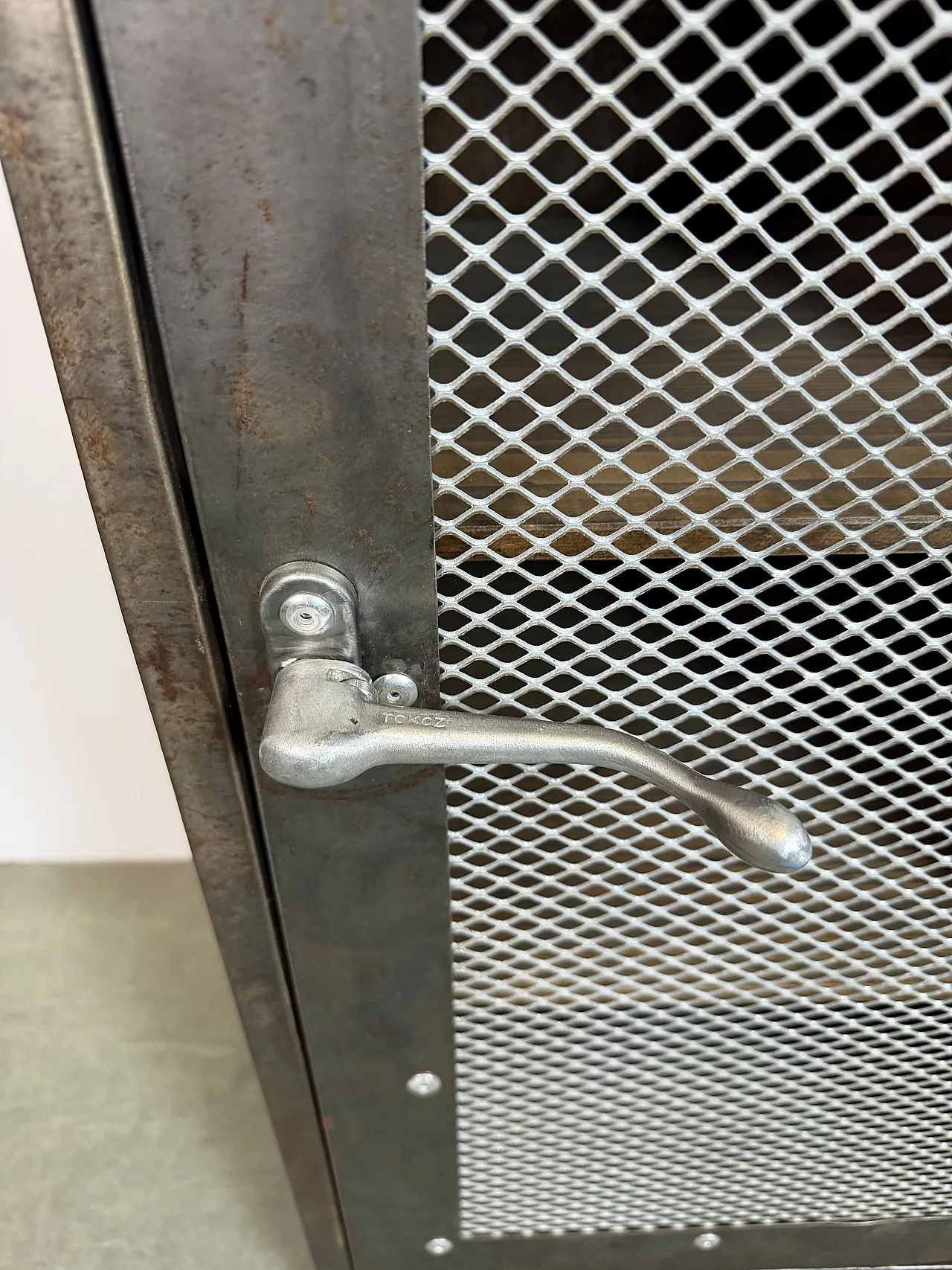 Industrial Iron Cabinet with Mesh Door, 1960s 10