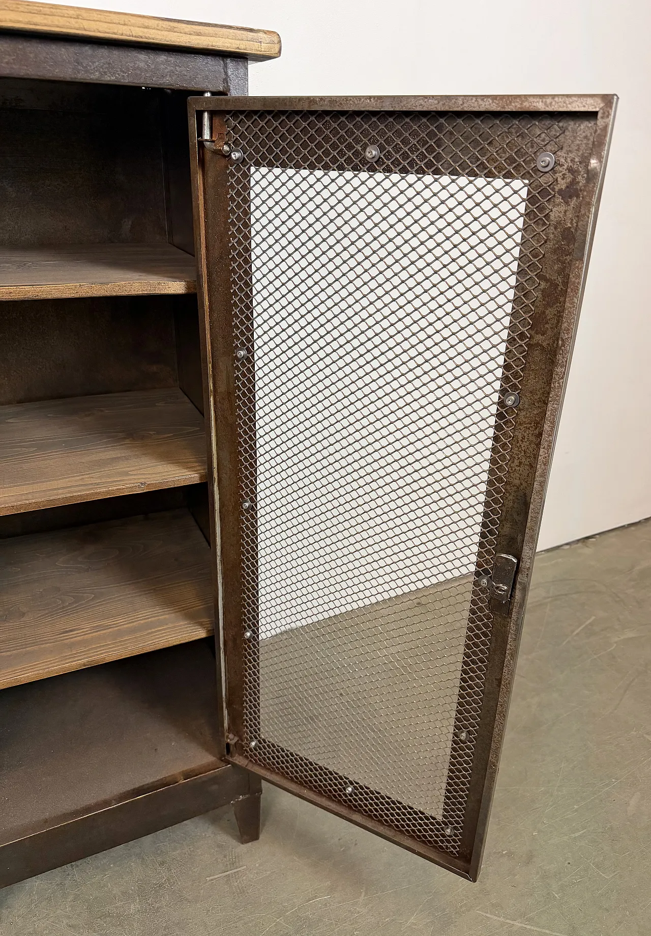Industrial Iron Cabinet with Mesh Door, 1960s 13