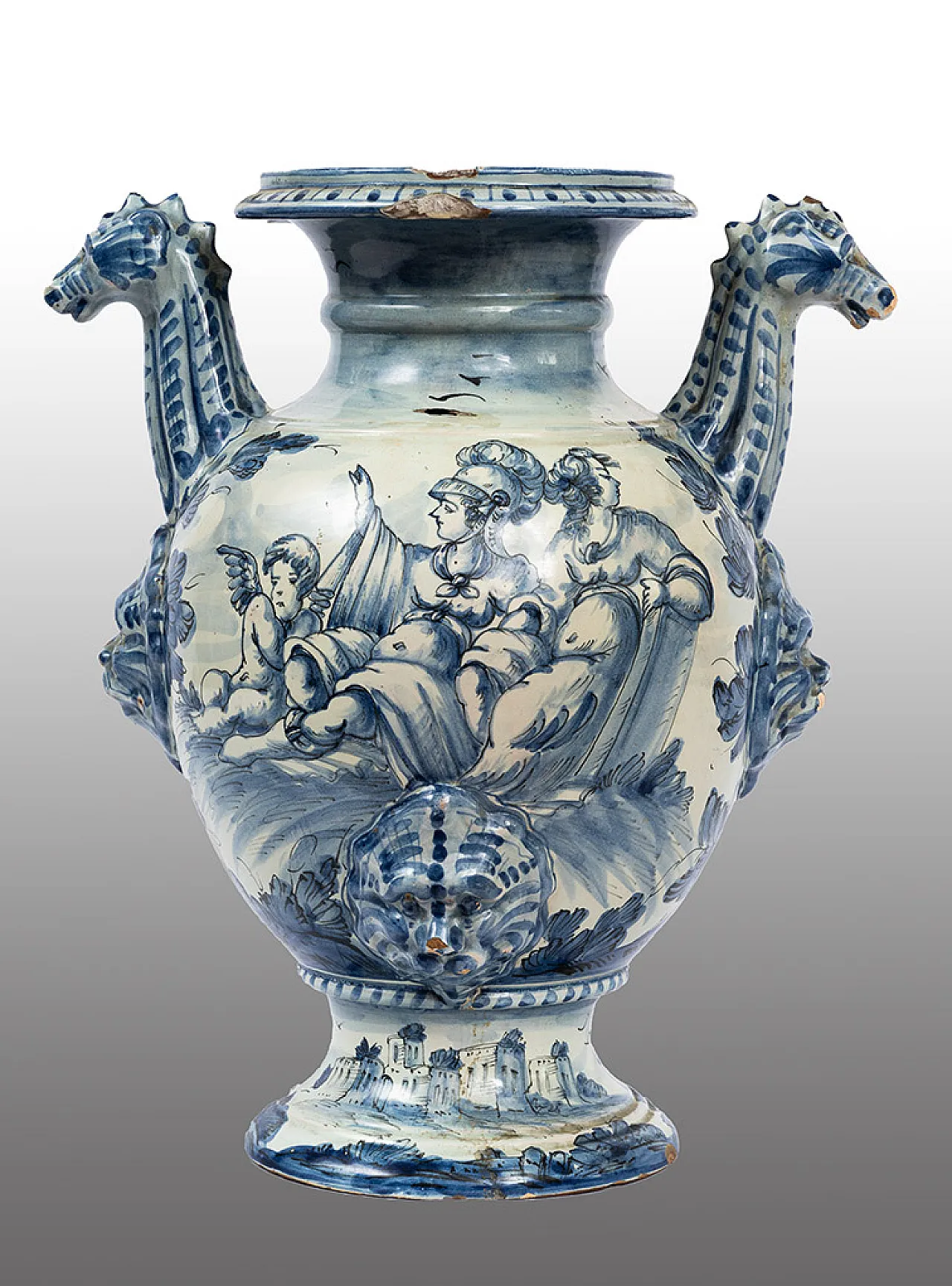 Tin vase in glazed majolica with double handles, Albisola, 18th c. 1