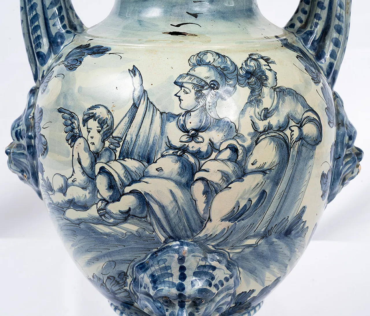 Tin vase in glazed majolica with double handles, Albisola, 18th c. 2