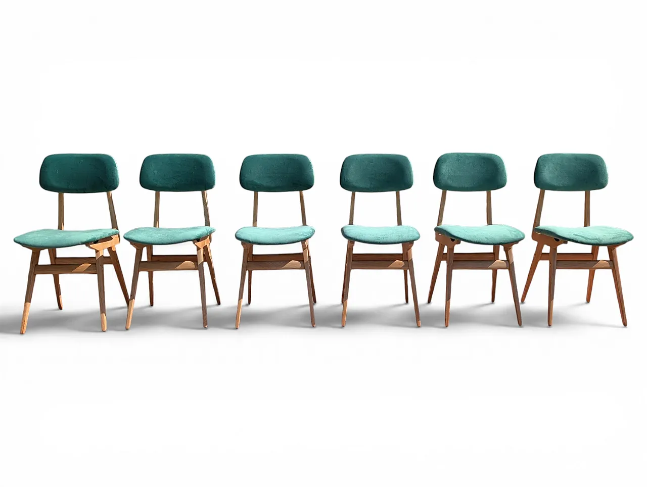 6 restored chairs in maple and sea green velvet, 60s 1