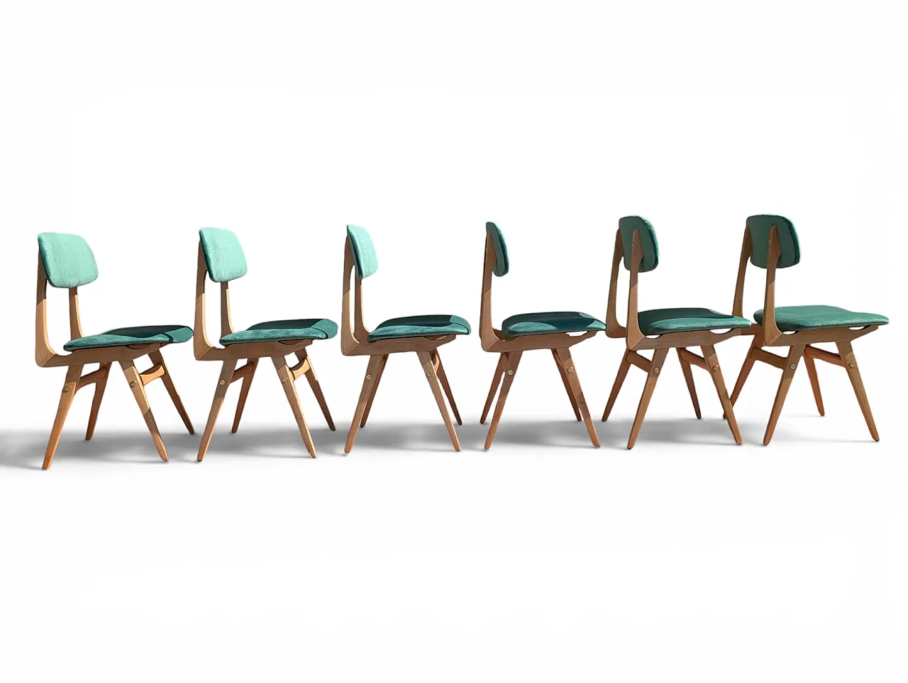 6 restored chairs in maple and sea green velvet, 60s 2