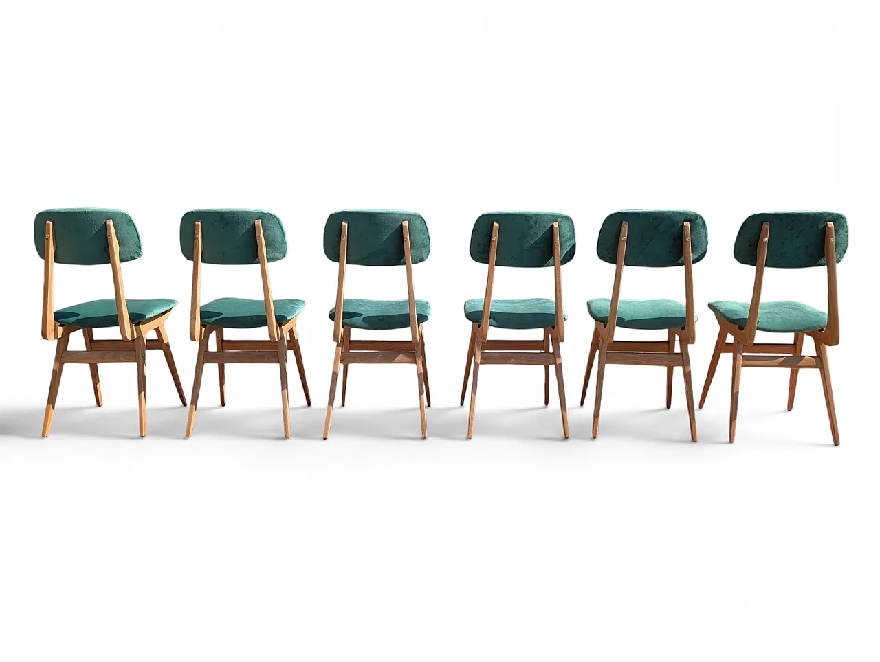 6 restored chairs in maple and sea green velvet, 60s 3