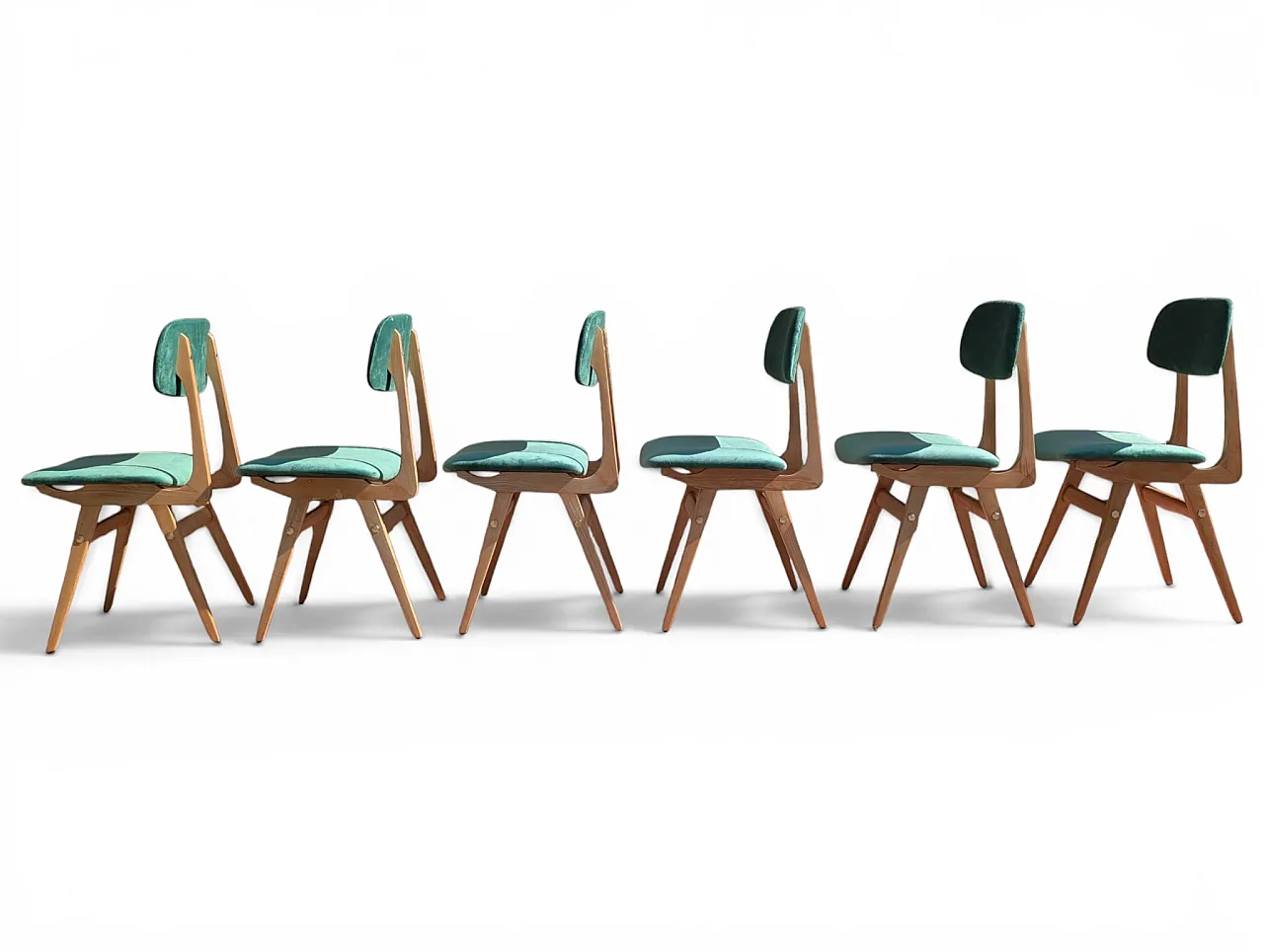 6 restored chairs in maple and sea green velvet, 60s 4