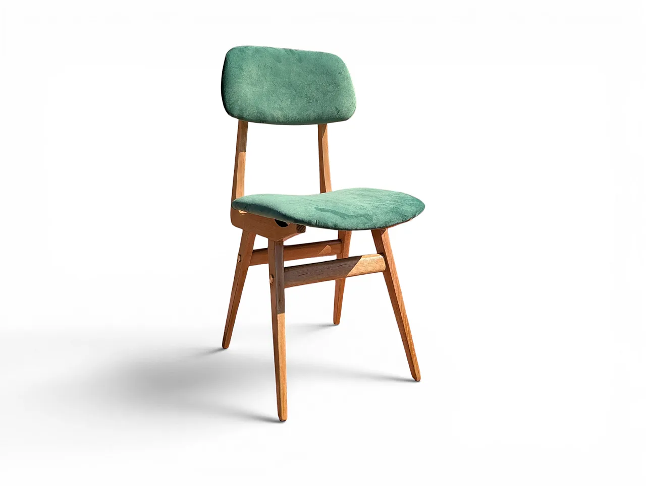 6 restored chairs in maple and sea green velvet, 60s 5