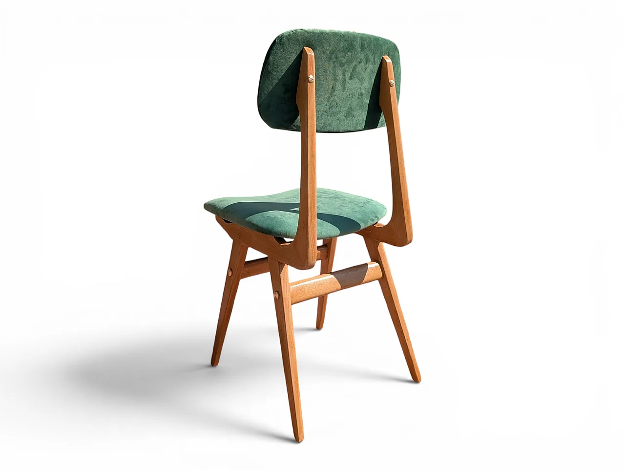 6 restored chairs in maple and sea green velvet, 60s 9
