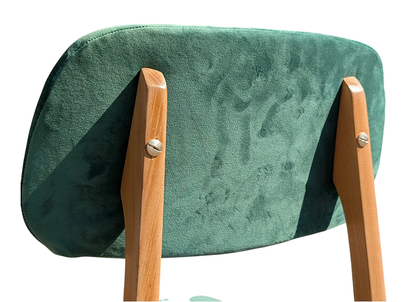 6 restored chairs in maple and sea green velvet, 60s 10