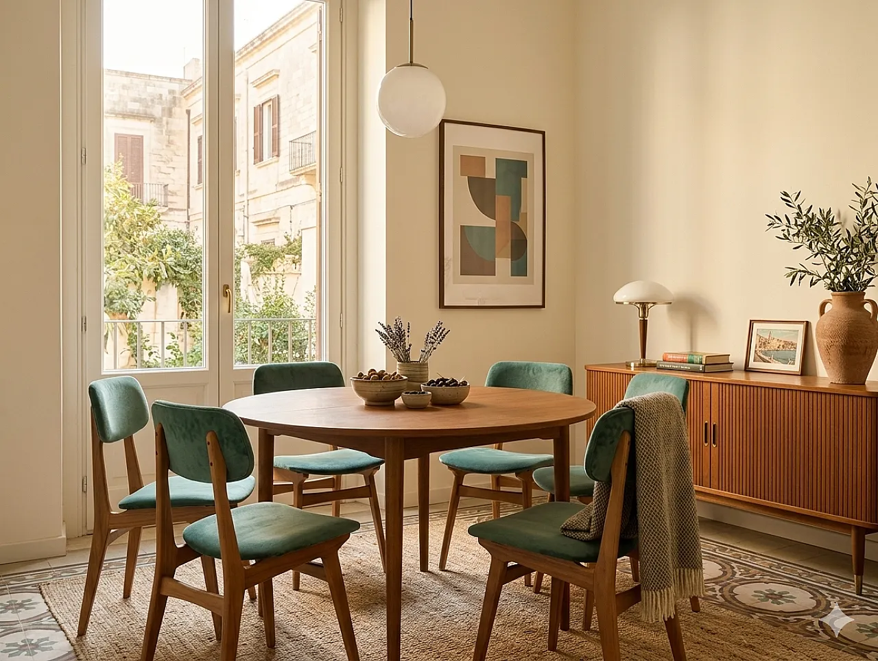 6 restored chairs in maple and sea green velvet, 60s 13