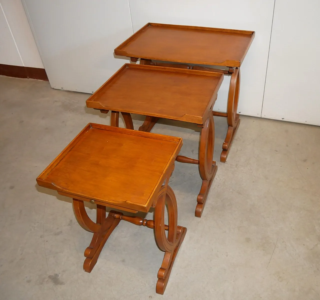 3 nest tables with moved legs and drawer, 1980s 3