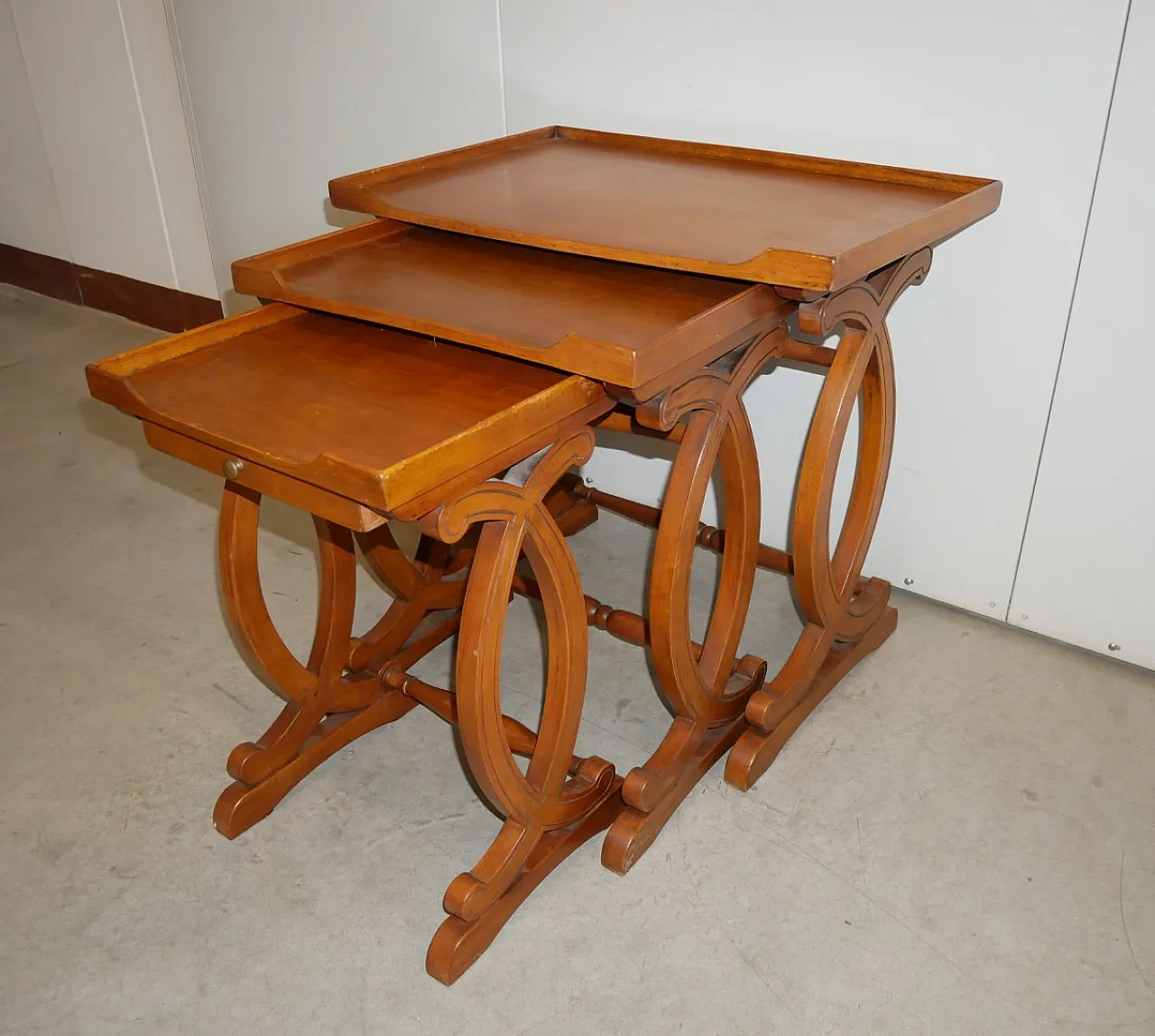 3 nest tables with moved legs and drawer, 1980s 6