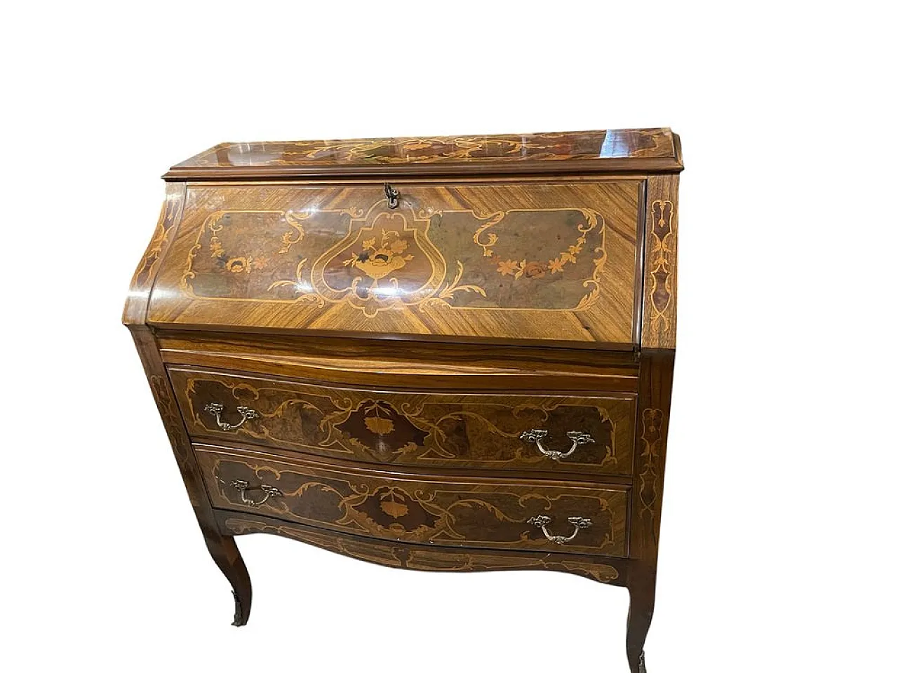 Italian inlaid bombe desk with flap front, 1950s 1