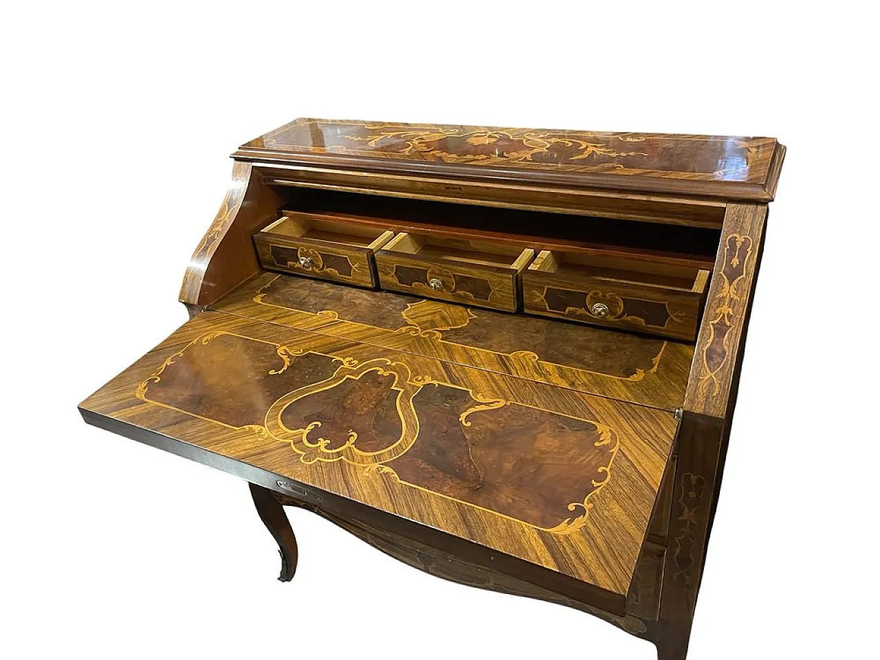 Italian inlaid bombe desk with flap front, 1950s 2