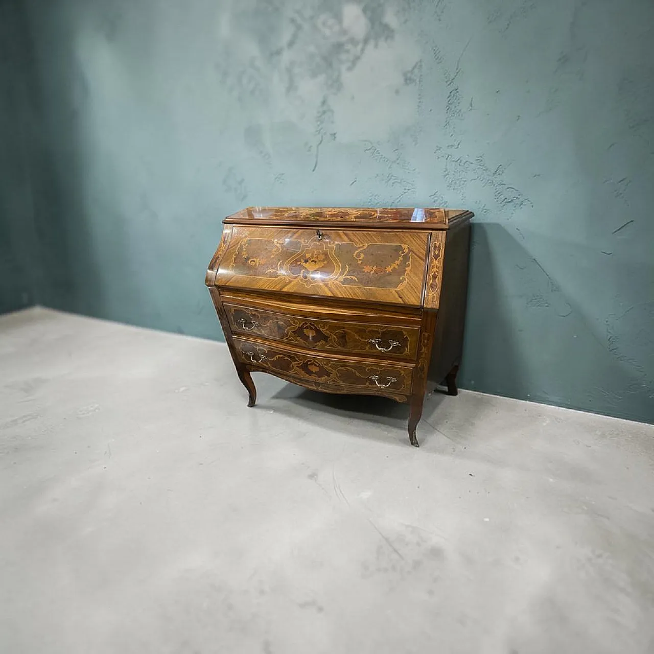 Italian inlaid bombe desk with flap front, 1950s 3