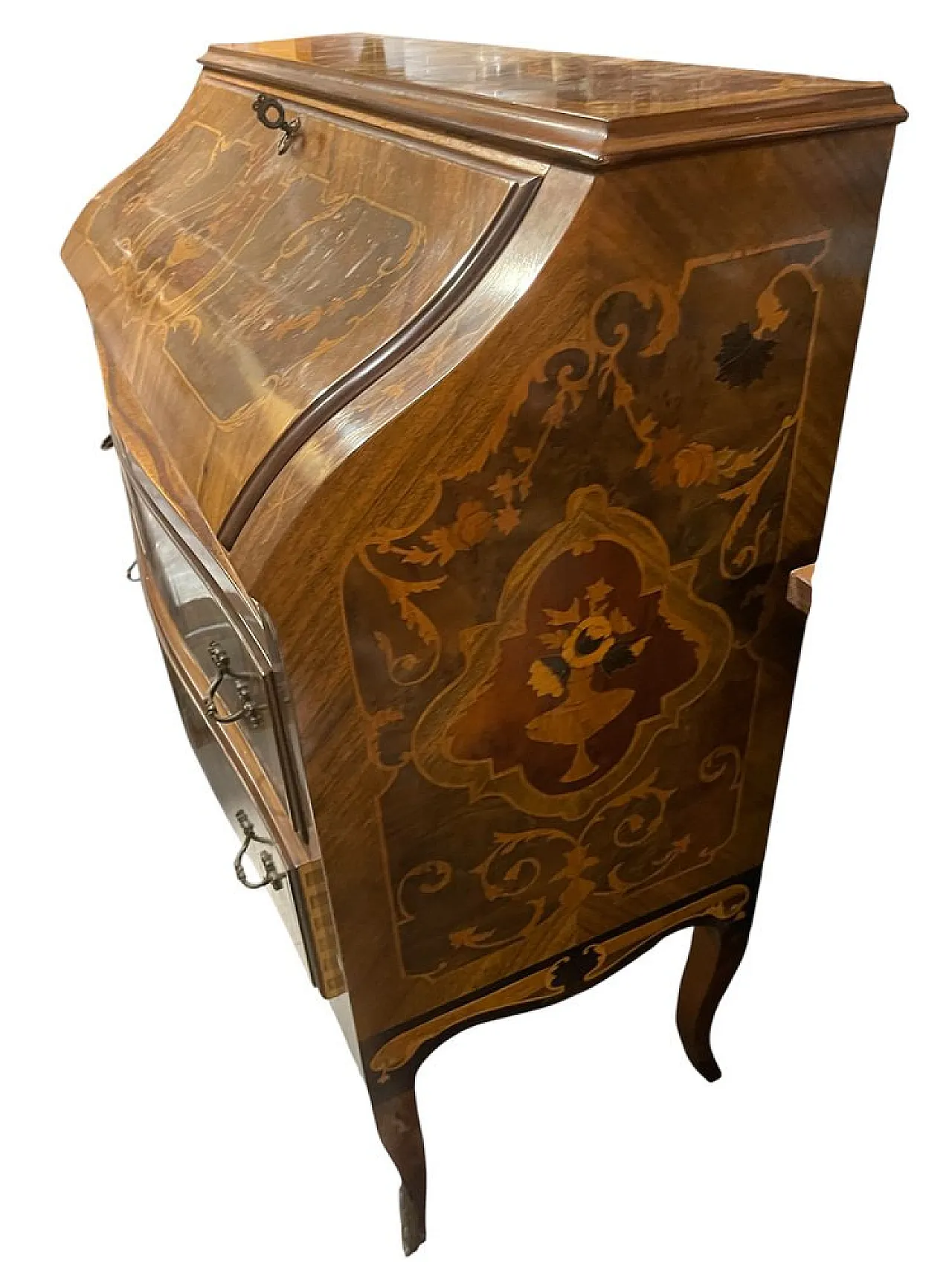 Italian inlaid bombe desk with flap front, 1950s 4
