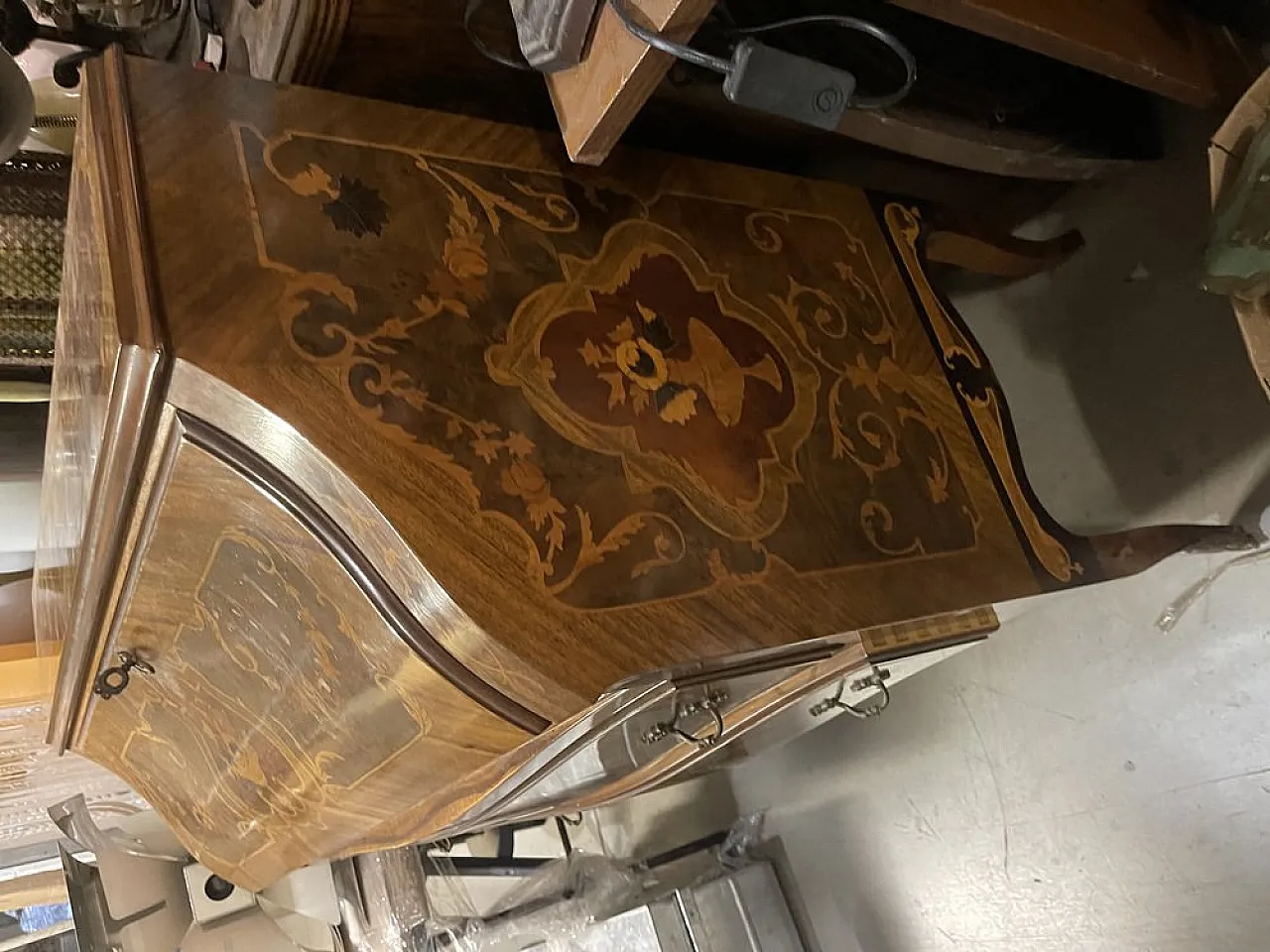 Italian inlaid bombe desk with flap front, 1950s 8