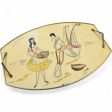 Mid-Century Modern brass and lacquered wood serving tray, 1950s