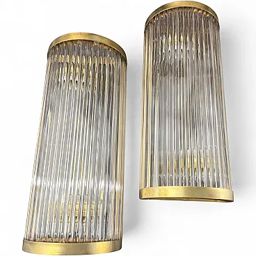 Pair of Mid-Century Modern brass and glass wall sconces, 2000s
