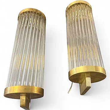Pair of Art Deco style brass and glass theater wall sconces, 1980s