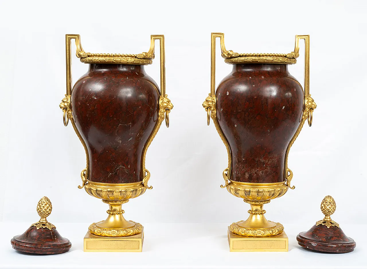 Coppia di vasi Napoleone III in marmo rosso griotte e bronzo, '800 3
