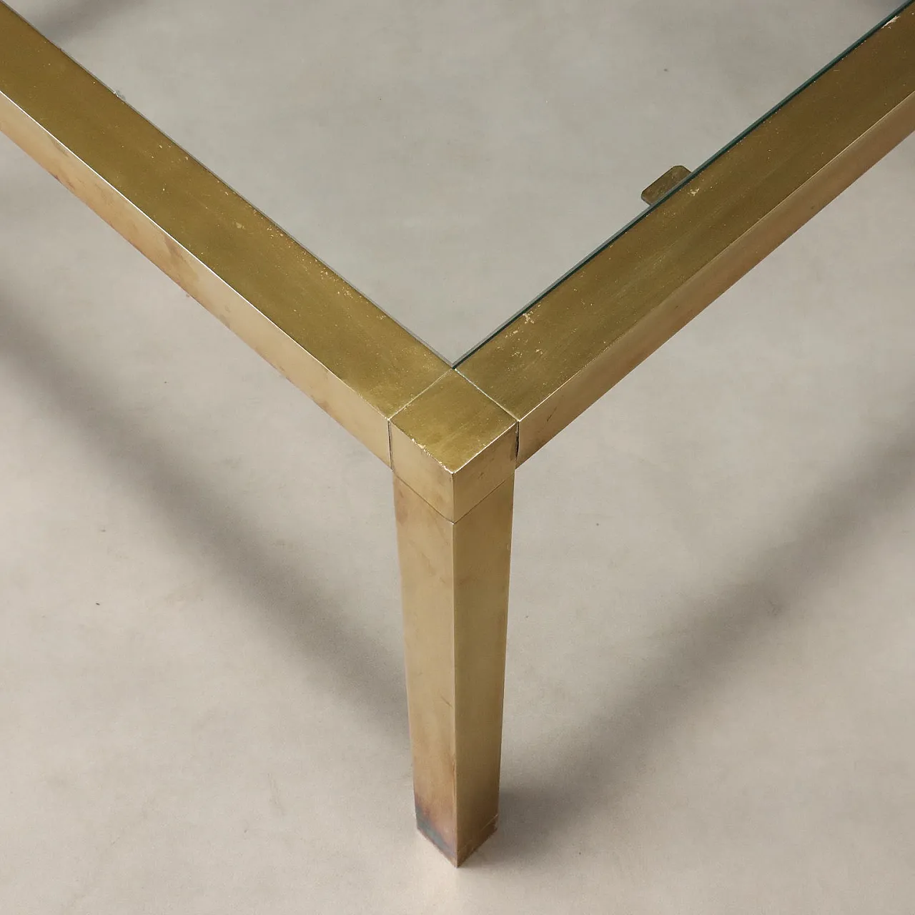 Coffee table with brass structure and square glass top, 20th century 7